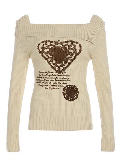 Suéter blanco de otoño e invierno para mujer, nuevo jersey de manga larga Y2k con estampado de corazón retro y hombros descubiertos, jersey ajustado y sexy