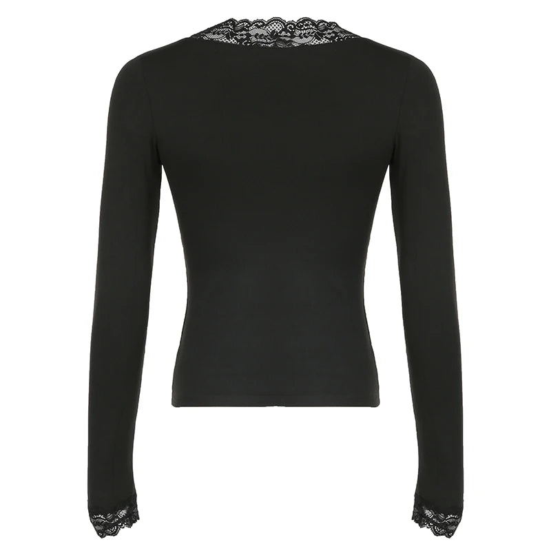 Camiseta de encaje negro con cuello en V para mujer, lisa, ajustada, básica, de manga larga, combina con todo, otoño, nueva