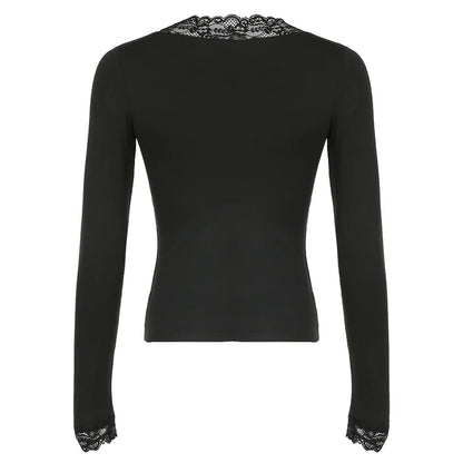 Camiseta de encaje negro con cuello en V para mujer, lisa, ajustada, básica, de manga larga, combina con todo, otoño, nueva