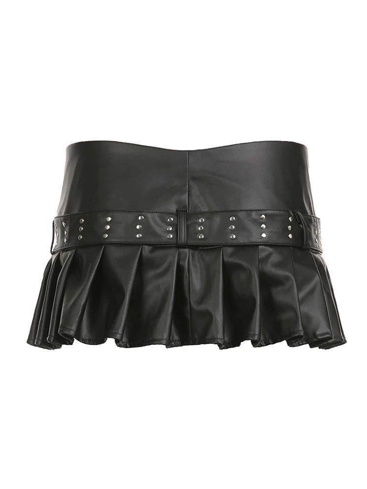 Falda plisada de cuero sintético negro con cremallera y cinturón con remaches, estilo gótico punk, para mujer. Trajes sexys de chica mala.