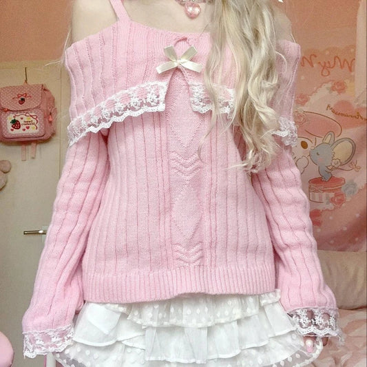 Suéter de cosplay Harajuku con hombros descubiertos, estilo kawaii, con ribete de encaje, estilo Y2K, estilo vintage, de manga larga