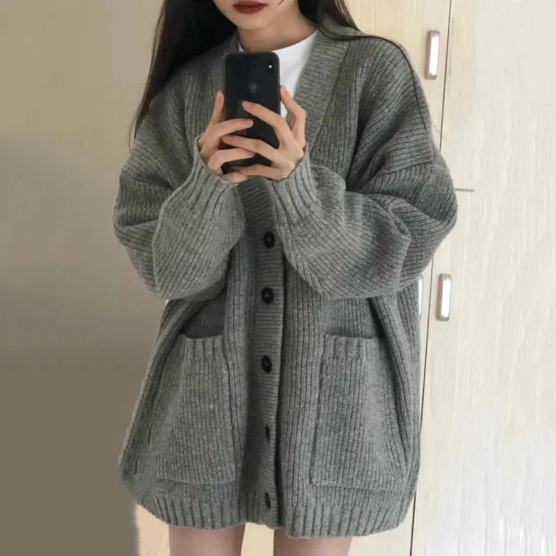 Cárdigan de otoño e invierno para mujer, suéter, abrigo, moda femenina, manga larga, cuello en V, chaquetas de punto sueltas, suéteres casuales, cárdigans
