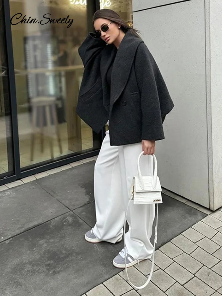 Retro Loose Woolen Blend Coat Women Lapel Double-Breasted Long Sleeve Pocket Thick Gray Jacket 2025 Autumn Spring Streetwear