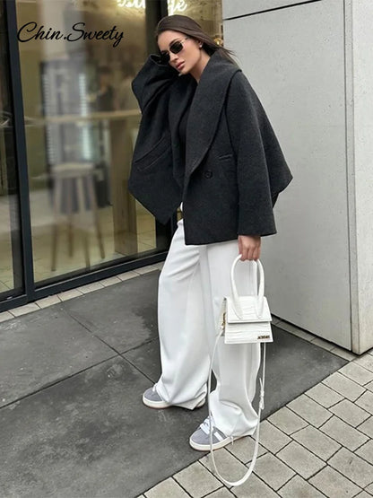 Retro Loose Woolen Blend Coat Women Lapel Double-Breasted Long Sleeve Pocket Thick Gray Jacket 2025 Autumn Spring Streetwear
