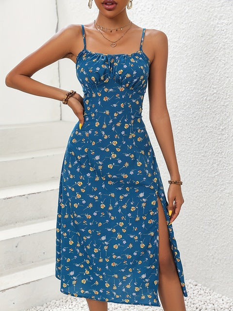 Vestidos de tirantes finos con estampado de flores para mujer, primavera y verano, nuevos, sin espalda, ajustados, sin mangas, con abertura, estilo vacacional para mujer