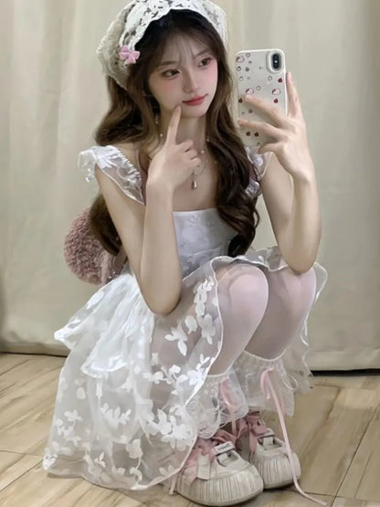 Elegante vestido de fiesta de princesa blanco sin mangas de verano nuevo Y2K con volantes, vestidos cortos de corte A para mujer, vestido coreano de una pieza