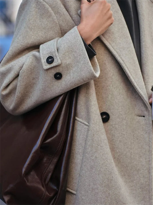 Abrigo holgado de moda para mujer, con bolsillo y solapa, cintura alta, manga larga, chaqueta de invierno para mujer, abrigo liso con parches, prendas de vestir exteriores