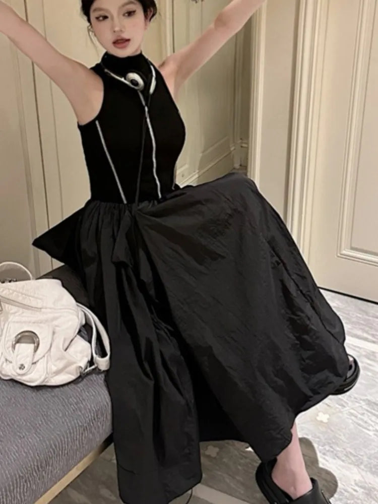 Vestidos casuales de punto negros para mujer, vestido tipo chaleco sin mangas, corte A, moda coreana, cuello medio alto, otoño, nuevo vestido
