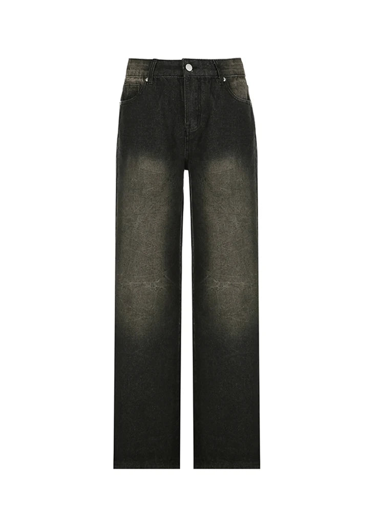 Pantalones vaqueros rectos casuales retro americanos para mujer, estilo urbano vintage, desgastados