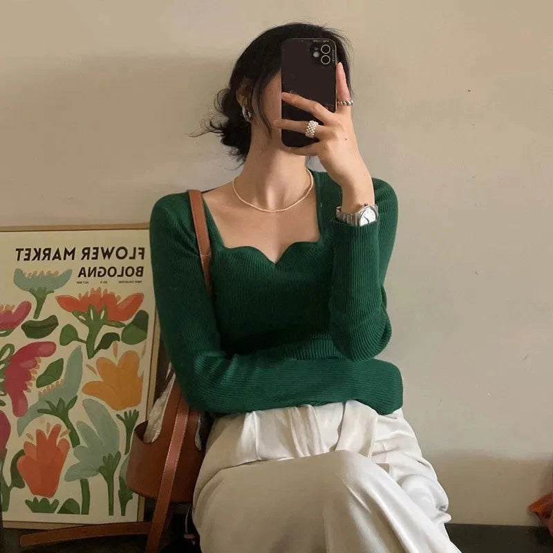 Suéteres de punto para mujer, suéteres vintage lisos, otoño invierno coreanos elegantes, prendas de punto ajustadas, cuello cuadrado, jerséis que combinan con todo, nuevos