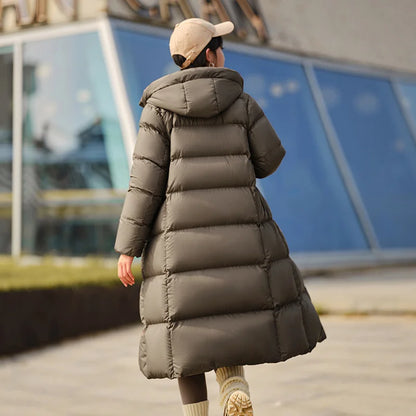 Chaqueta de plumón para mujer, larga, triple capa, versátil, actualizada, de invierno, nueva, holgada, con capucha, sencilla.