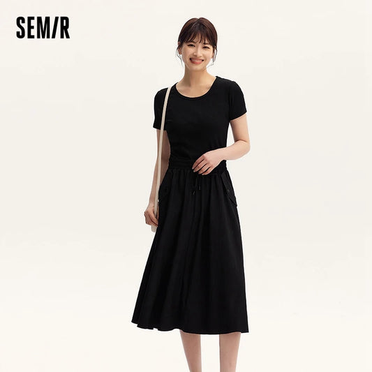 Dress Women Slim-Fit Waist-Cinching Dress  Summer New Fake Two-Piece Round Neck Midi Versatile Dress