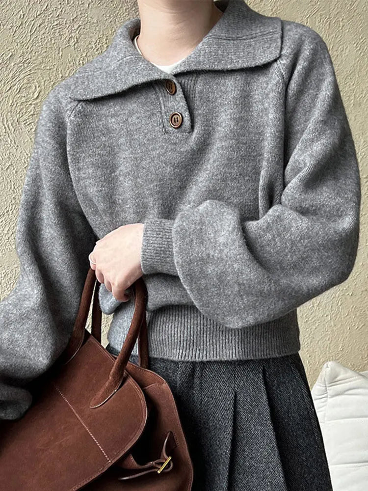 Suéteres casuales de punto liso con solapa para mujer, suéter vintage holgado de manga larga con botones, tops elegantes y chic para otoño
