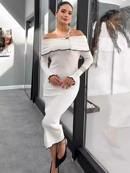Fall Winter Sexy One-Shoulder Long Knit Dress Slim Elegant Fungus Splice Contrast Color Sweater Female Club Party Dresses