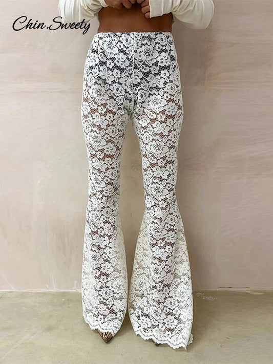 Sexy Lace Sheer Flare Pant Women Hollow Out Lady Vacation Long Trousers Female 2025 Spring Elastic High Waist Streetwear New