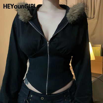 Y2K Fur Trim Hoodie Cardigan Women Basic Black Slim Cropped Jacket 90s Vintage Winter Zipper Coat Harajuku Streetwear