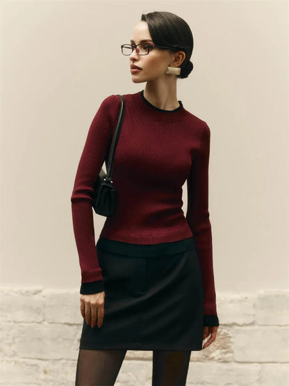 Suéter de punto de otoño para mujer, jersey de retazos acanalados de manga larga, top interior ajustado, ropa de calle, prenda de punto para mujer