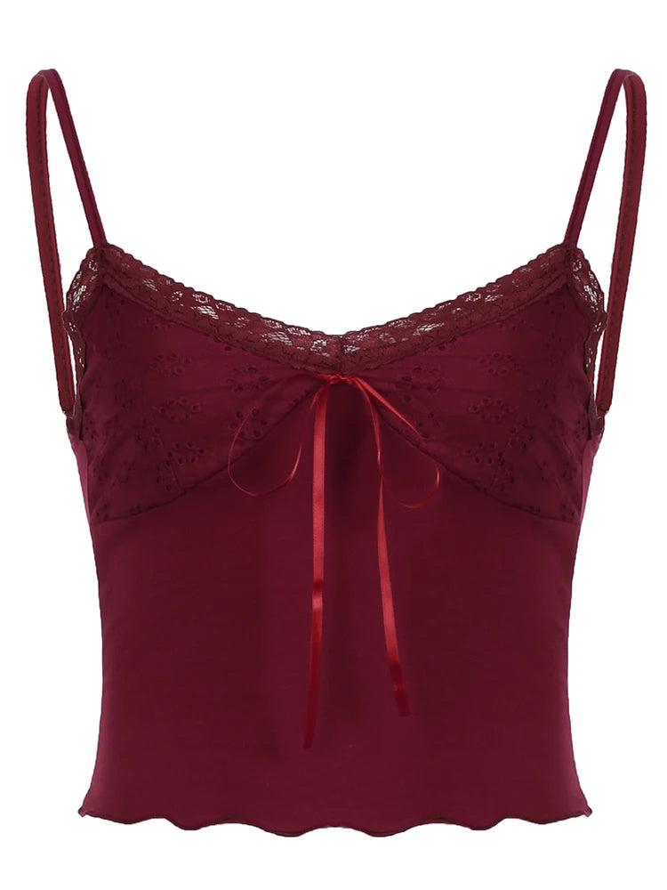 Camisola elegante vintage roja navideña con ribete de encaje y cuello en V con lazo sin mangas, top corto ajustado y bonito para mujer, ropa de calle Y2K