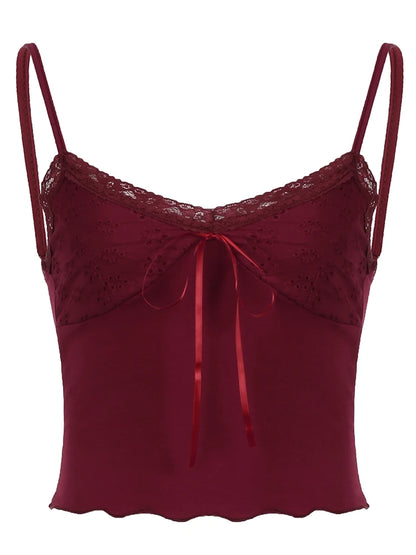 Camisola elegante vintage roja navideña con ribete de encaje y cuello en V con lazo sin mangas, top corto ajustado y bonito para mujer, ropa de calle Y2K