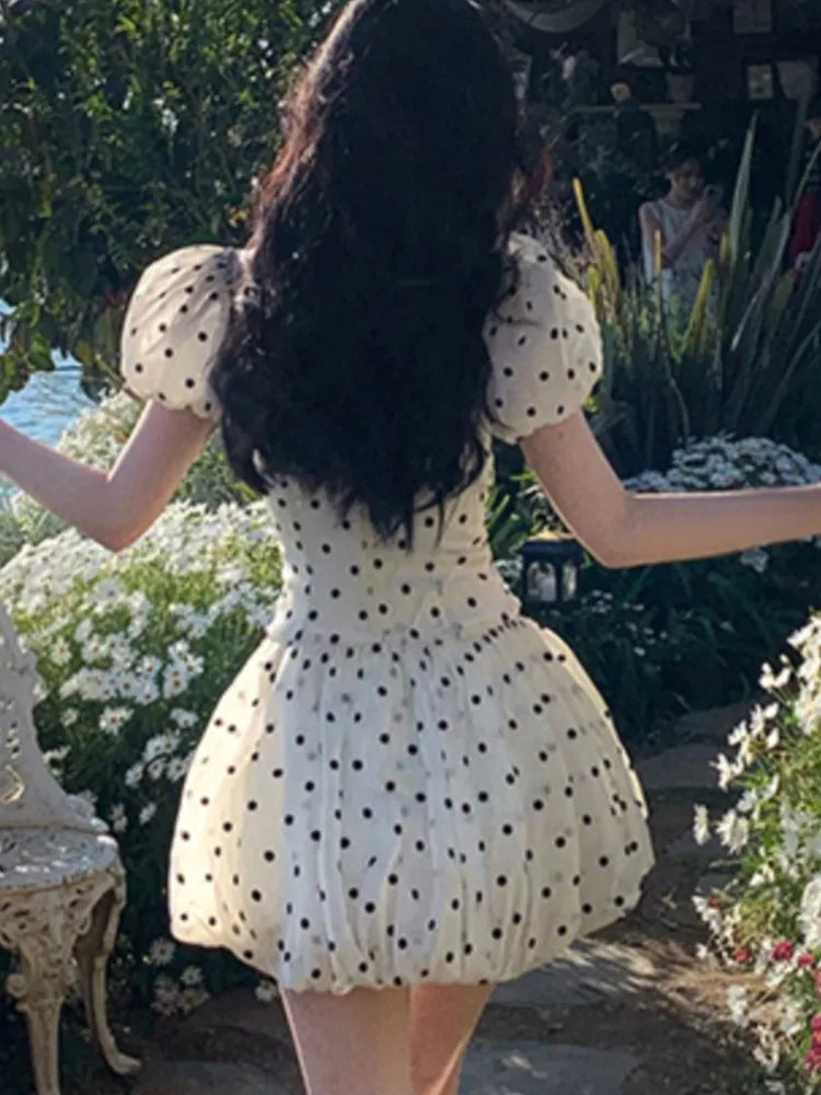 Vestido de fiesta de cumpleaños de lunares, hombros descubiertos, mangas abullonadas, corte A, minivestido para mujer, moda coreana, vestido de una pieza