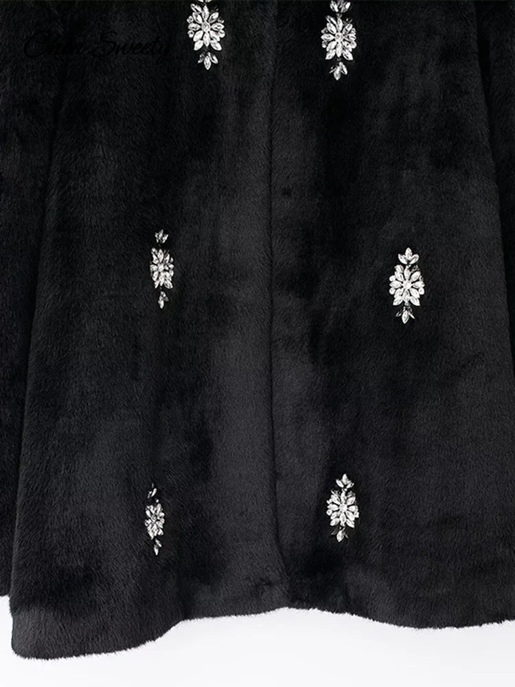 Abrigo de piel con joyería vintage para mujer, chaqueta holgada de manga larga con cuello redondo y felpa negra de invierno, abrigo grueso y cálido elegante para mujer