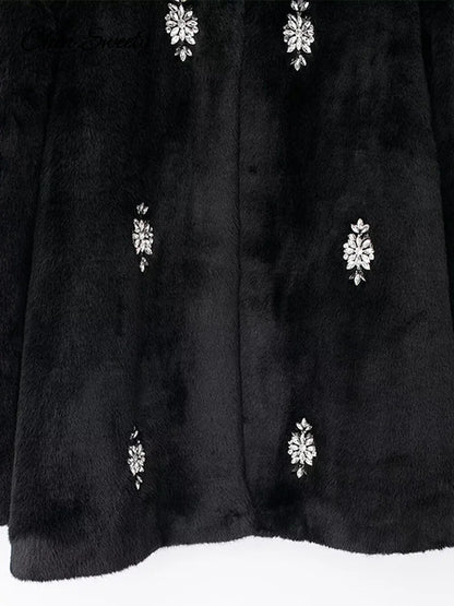Abrigo de piel con joyería vintage para mujer, chaqueta holgada de manga larga con cuello redondo y felpa negra de invierno, abrigo grueso y cálido elegante para mujer
