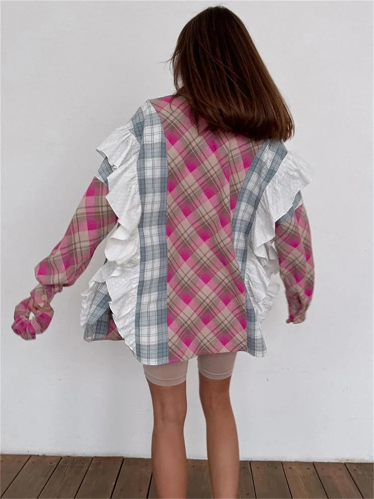 Camisas de patchwork con volantes de moda para mujer, cárdigan de solapa de manga larga, ropa de contraste a rayas para mujer, camisas de verano, abrigo