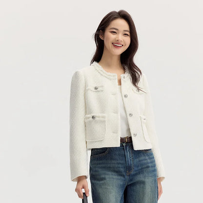Abrigo de mujer de manga corta con hombreras y borlas, elegante, nuevo, estilo pequeño en color carbón, chaqueta ajustada.