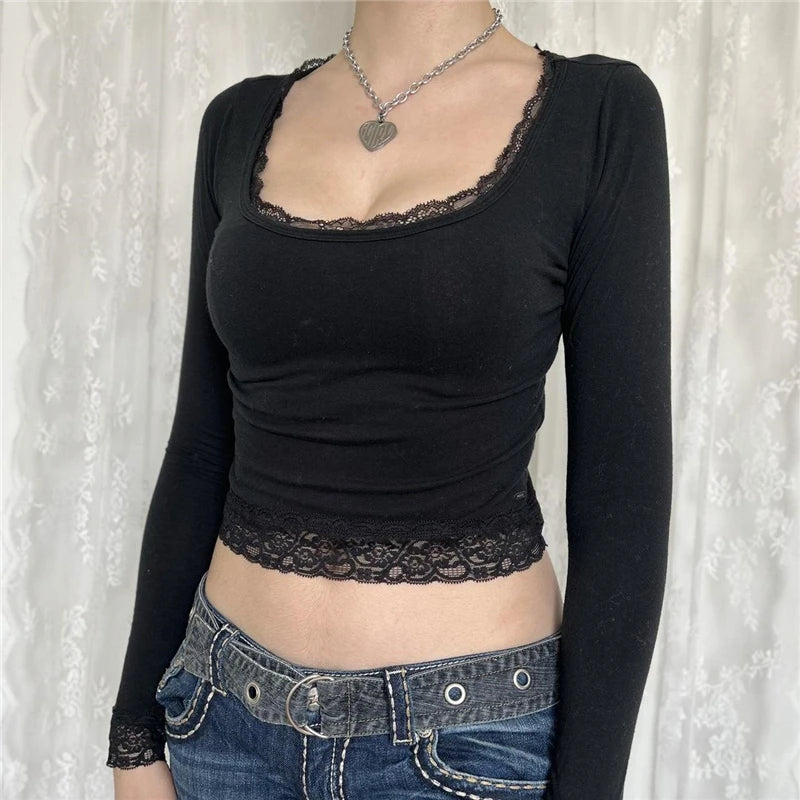 Camiseta de manga larga con cuello cuadrado y estampado de hadas estilo Y2K para mujer, estilo gótico, estilo urbano