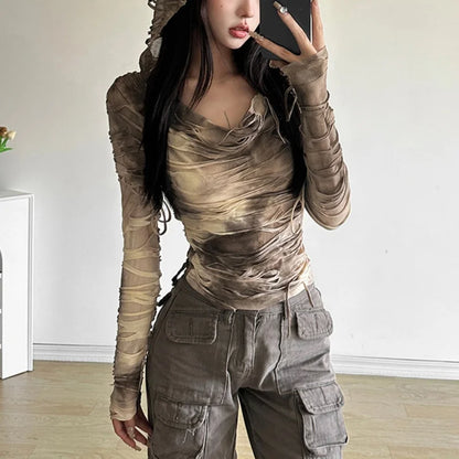 Wasteland Tops Mujer Y2K Ropa Tie Dye Estampado Rasgado Camiseta de Manga Larga con Capucha Ropa Cybercore de los 2000 Ropa Urbana