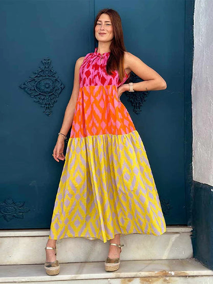 Vestido elegante con estampado de patchwork para mujer, elegante vestido Maixi informal sin mangas con cuello redondo, nueva bata de vacaciones de verano para mujer