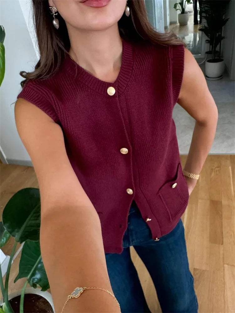 Casual Loose Sweater Cardigan Vestidos For Women Sleeveless Ribbed Cropped Pocket Commute Top Female Solid Cardigan Top