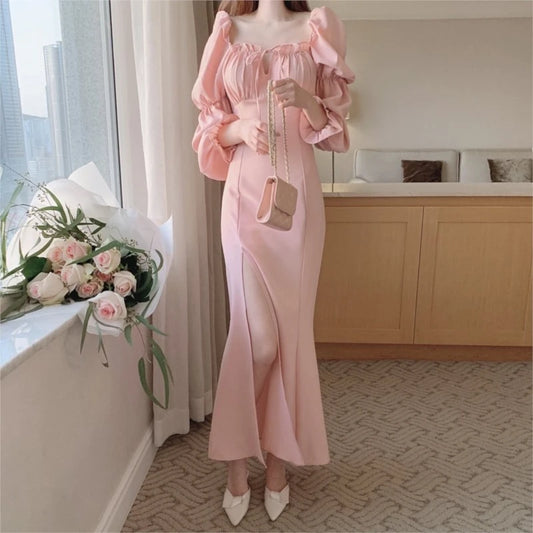 Autumn New Bodycon Midi Dresses for Women Puff Sleeve Square Collar High Split Office Lady Korean Fashion Evening Party Dress