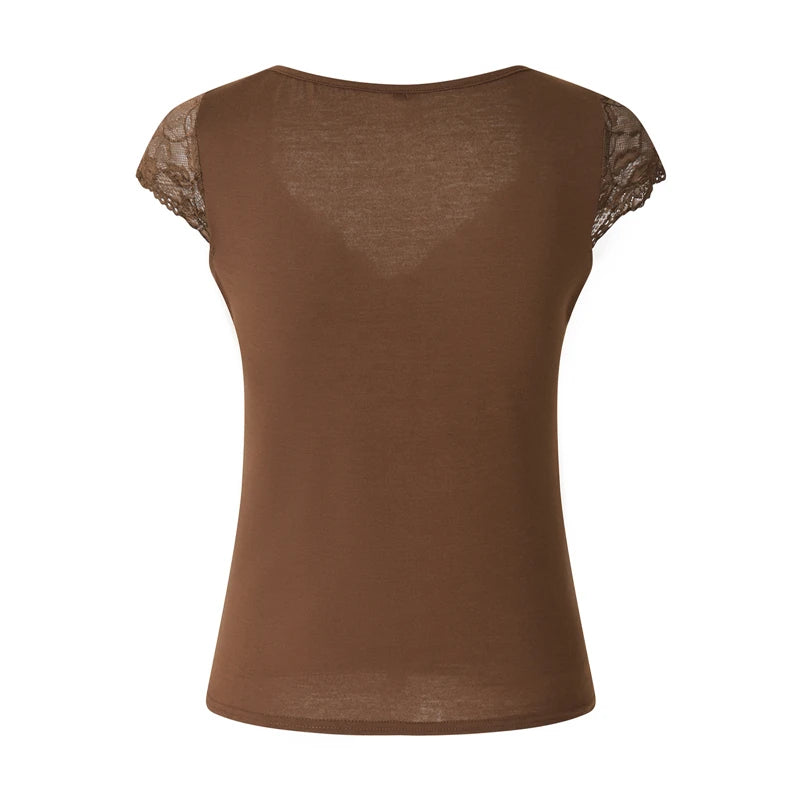Tops cortos de encaje marrón con estética vintage para mujer, camiseta de manga corta con cuello en V, ropa grunge de hadas Y2K, ropa urbana de los años 2000