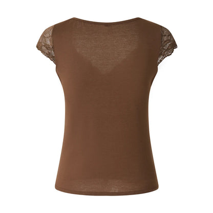 Tops cortos de encaje marrón con estética vintage para mujer, camiseta de manga corta con cuello en V, ropa grunge de hadas Y2K, ropa urbana de los años 2000