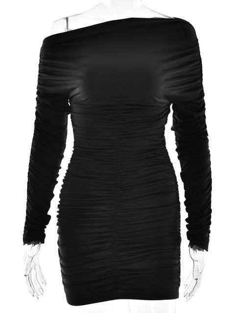 Elegant Long Sleeved Pleated Elastic Tight Dress Women 2025 New Autumn/Winter Short Skirt Sexy Slim Party Club Vestido