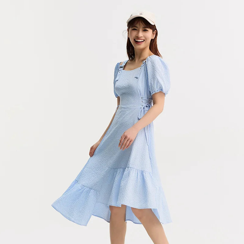 Vestido de mujer con cintura atada, texturizado, elegante y suave, de verano, irregular, con dobladillo con volantes, falda corta con estampado de campanillas, divertido
