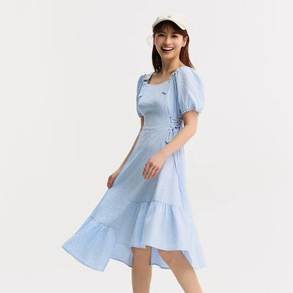 Vestido de mujer con cintura atada, texturizado, elegante y suave, de verano, irregular, con dobladillo con volantes, falda corta con estampado de campanillas, divertido