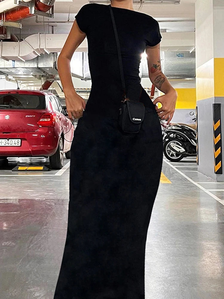Vestido largo ajustado, sexy, de manga corta y espalda descubierta, liso, elegante, para mujer, para vacaciones de verano.