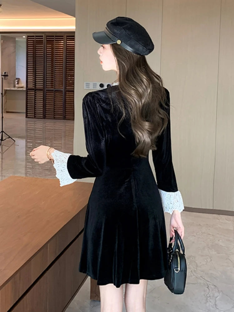 Woman Spring Summer New Elegant Velvet Mini A-line Dresses Long Sleeve Party Fashion One Piece Robe