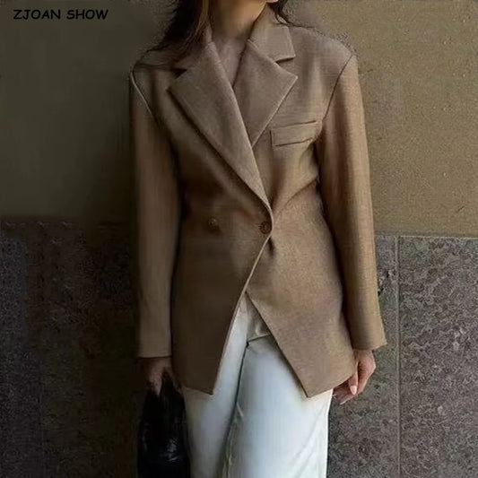 Elegante blazer estilo boyfriend con doble botonadura, estilo vintage, con muescas, corte en el dobladillo delantero, manga larga, holgado, color camello