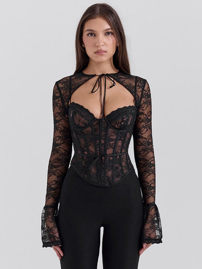 Elegante conjunto de top de encaje con estampado de patchwork y manga larga calada para mujer, perspectiva sexy, tirantes ajustados de espiga, 2025