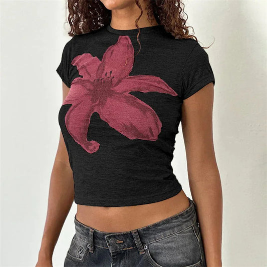 y2k Crop Top 2000s Women Baby Tee Floral Print Round Neck Short Sleeve T Shirt Fairycore Aesthetic Clothes Streetwear