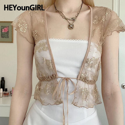 Cárdigan de encaje transparente, top marrón vintage, camiseta corta de manga corta, top informal Y2K con cordones y cuello en V, top bonito, ropa de calle