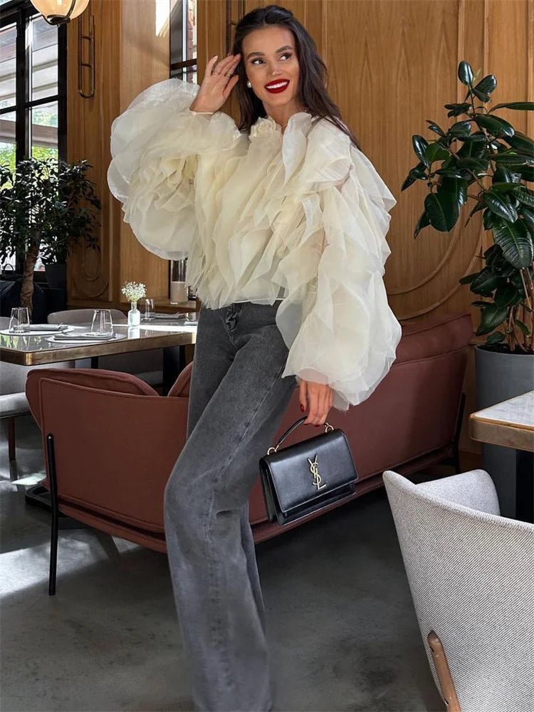 Camisas blancas con volantes y retazos, elegantes, de moda para mujer, de cintura alta, manga larga, informales, ropa de calle, blusa para mujer