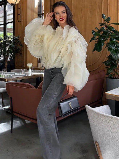 Camisas blancas con volantes y retazos, elegantes, de moda para mujer, de cintura alta, manga larga, informales, ropa de calle, blusa para mujer