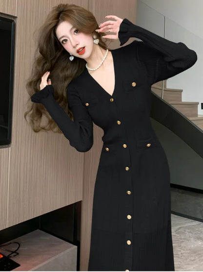 Vestidos de punto lisos de otoño para mujer, elegantes vestidos de oficina informales con mangas acampanadas, dobladillo con volantes y botonadura sencilla