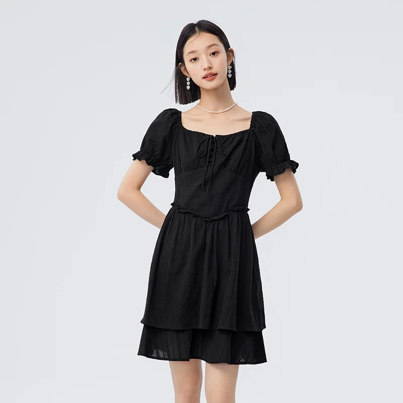 Vestido de mujer con diseño de orillo fibroso, nuevo vestido de verano retro de cuello cuadrado estilo palacio, vestido corto
