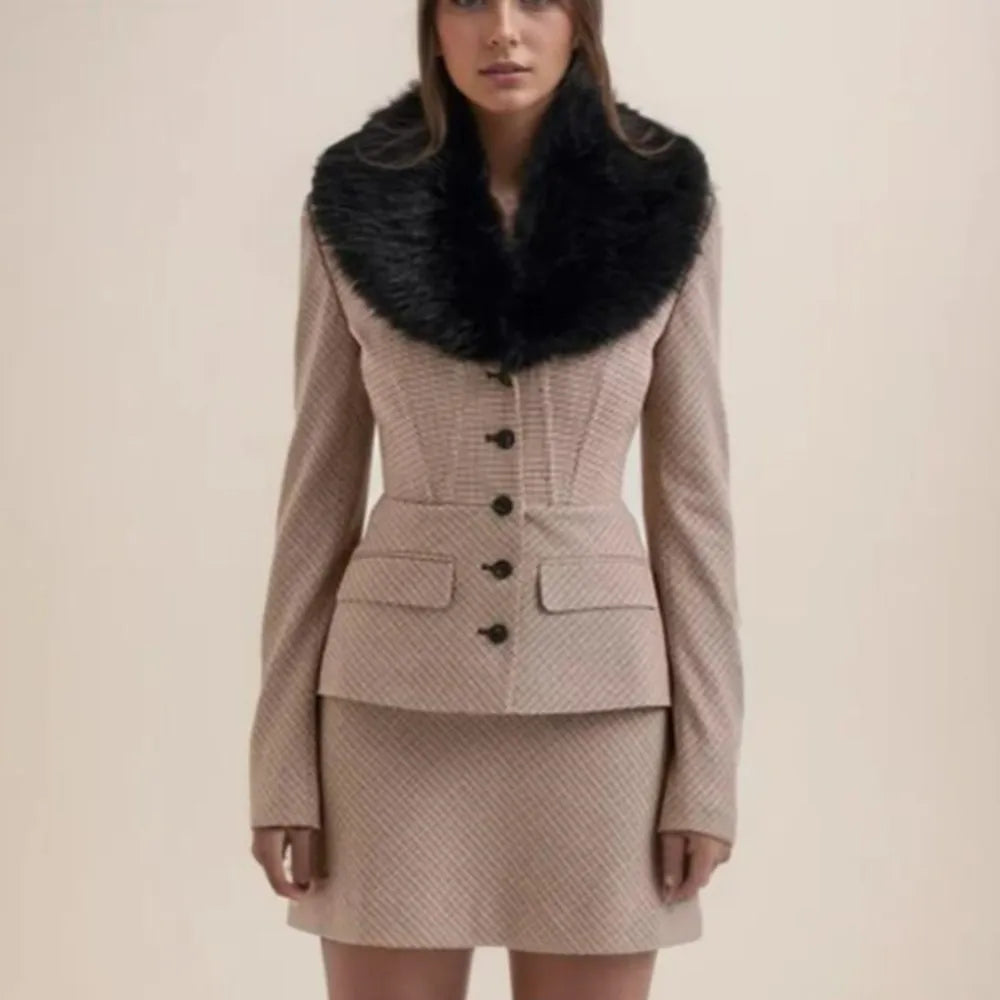 Conjunto de 2 piezas para mujer, blazer a cuadros de pata de gallo con cuello de piel sintética extraíble y cintura ajustada con varillas + minifalda de cintura alta tipo A.