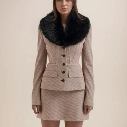 Conjunto de 2 piezas para mujer, blazer a cuadros de pata de gallo con cuello de piel sintética extraíble y cintura ajustada con varillas + minifalda de cintura alta tipo A.